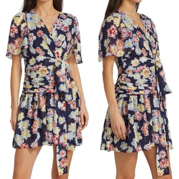 Tanya Taylor Brynn Floral Mini Wrap Dress Womens 18 Navy Floral Flutter Sleeves - Picture 1 of 16